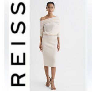 REISS Off-Shoulder Draped Wool Knit Bodycon Dress Small Cream Sutton Size small